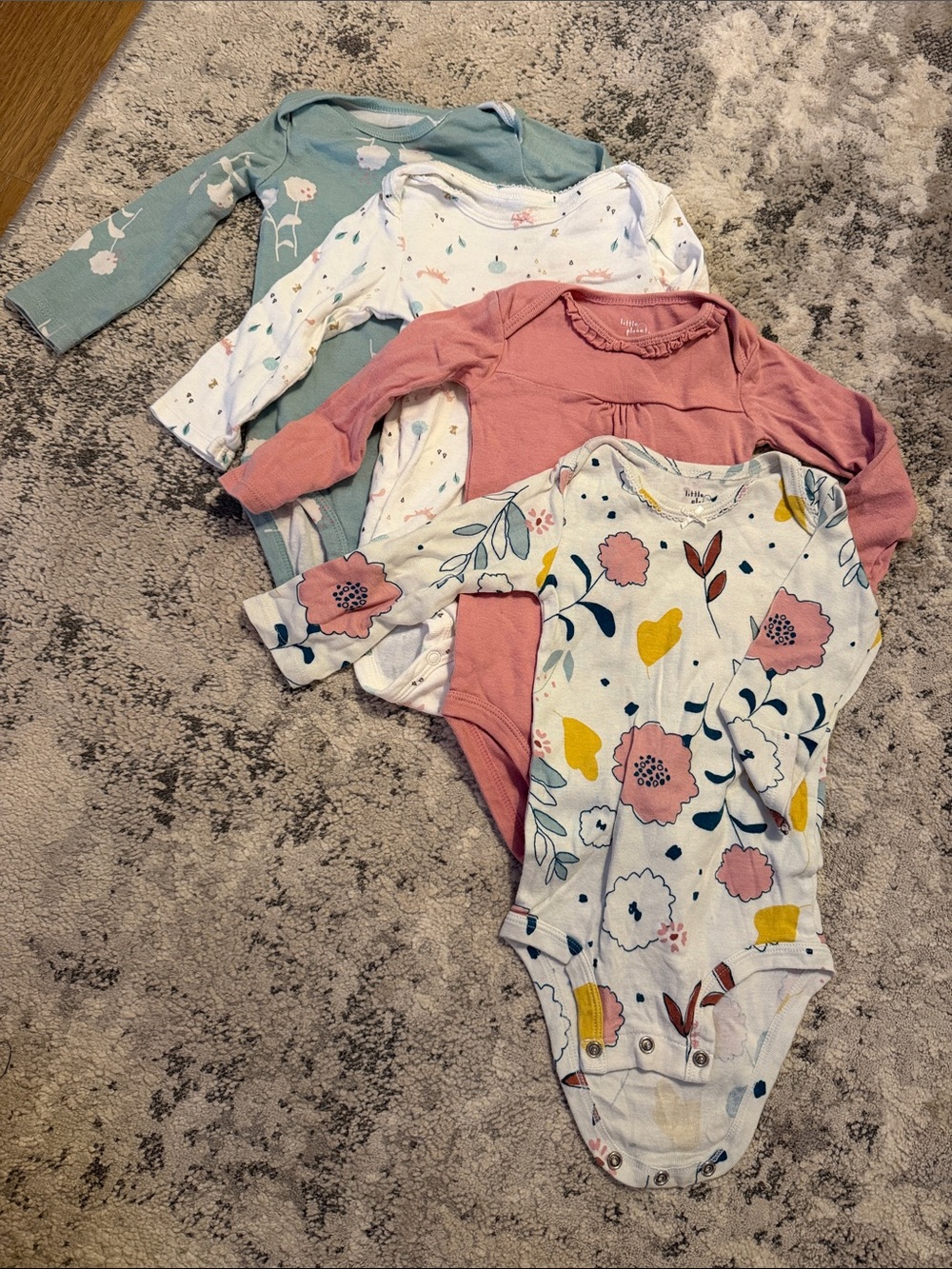 4-Pack Floral & Solid Long-Sleeve Baby Bodysuits - Pink, Teal, White